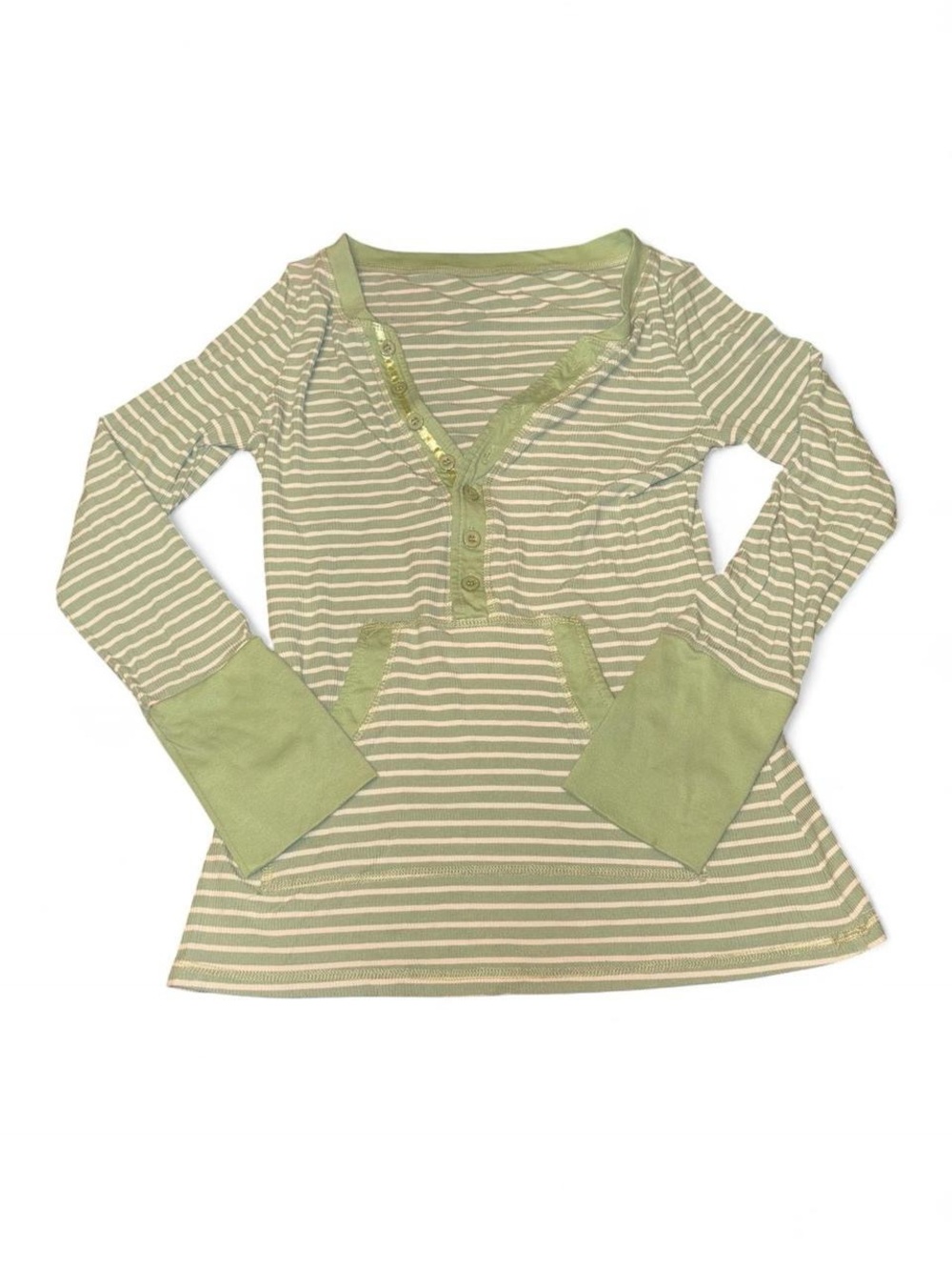 American Eagle Outfitters Light Green and Cream Striped Long-Sleeve Henley